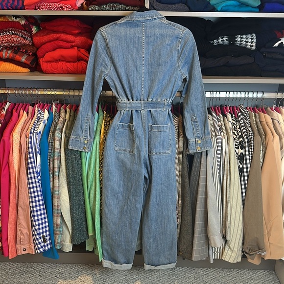 Express blue denim long sleeve zip closure belted cropped jumpsuit size XS - Picture 3 of 3